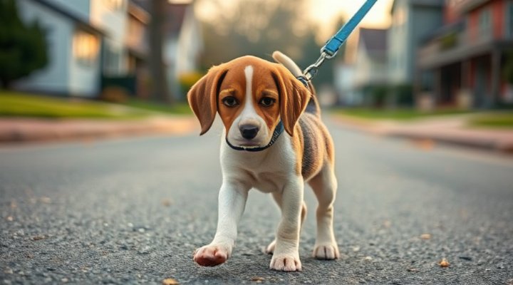 Small beagle puppy taking its first steps on a leash