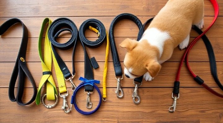 Different types of dog leashes laid out on a table for comparison
