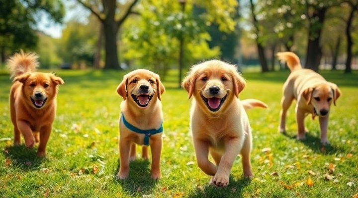 A happy golden retriever playing with other dogs in a park