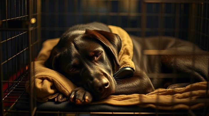 Labrador retriever sleeping soundly in a crate at nighttime