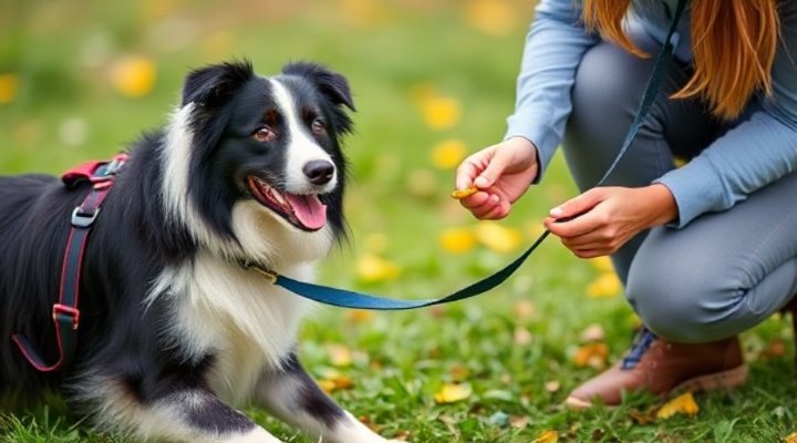 Trainer rewarding a dog with treats during leash training session