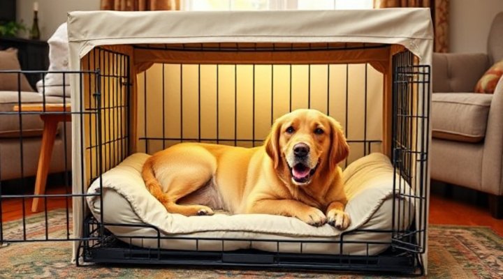 Golden retriever happily resting in a comfortable dog crate