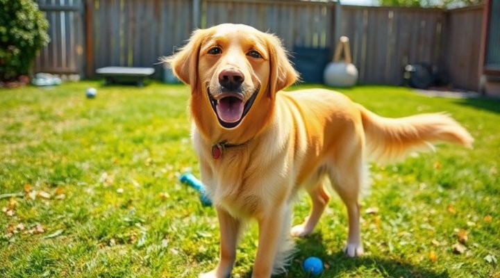 A happy adult dog standing in a backyard, ready for training