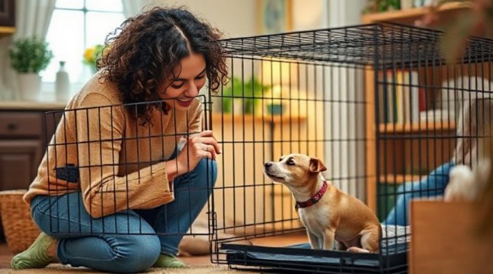 A loving owner kneeling beside a crate to comfort their whining dog