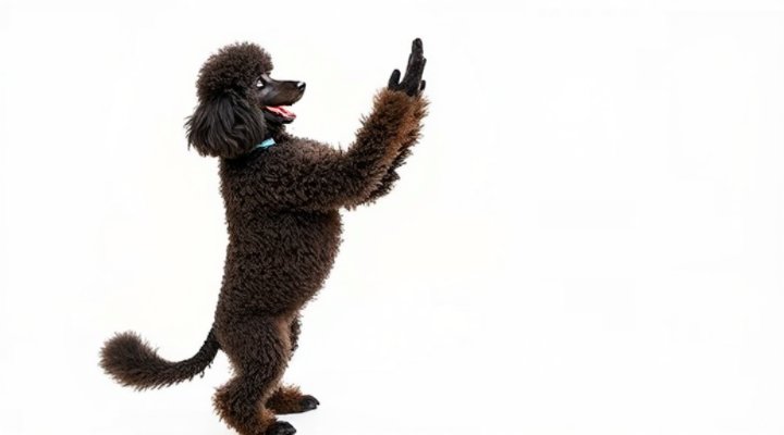 Smart poodle giving high five to delighted owner