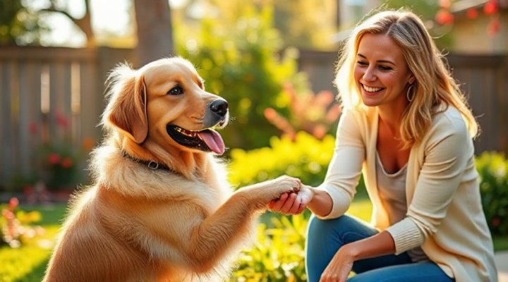 Cute golden retriever shaking hands with a smiling owner