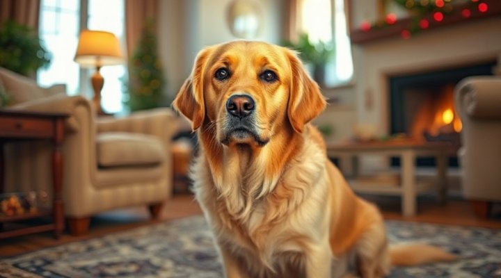 An older dog with a confused but hopeful expression, sitting in a living room