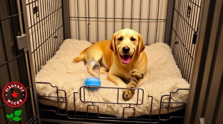 A cozy crate setup with soft bedding and toys to comfort a dog
