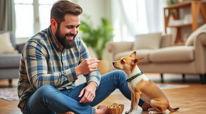Man rewarding his puppy with treats during training