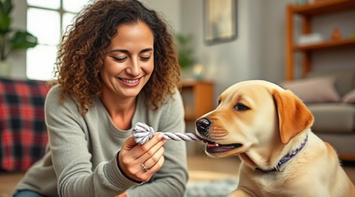 Gentle owner redirecting puppy from biting hands to a toy