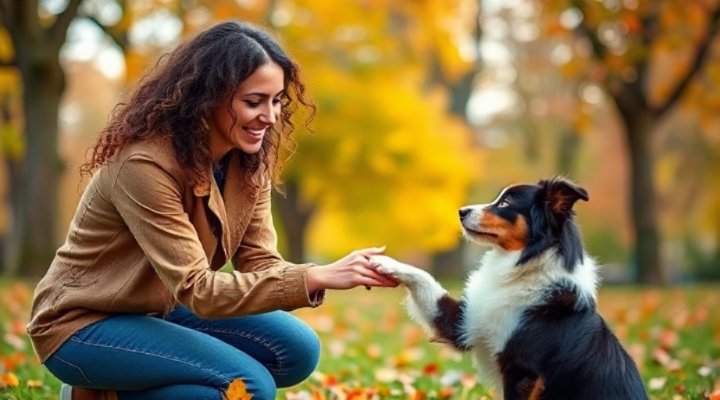 A young woman teaching her border collie to shake hands in a park