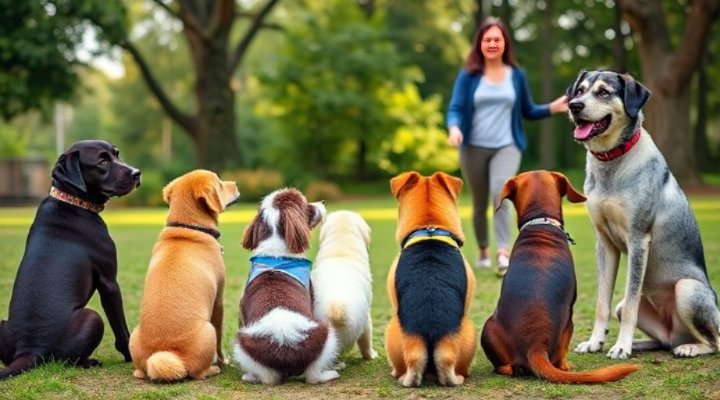 Several different breeds of dogs learning together in a training class