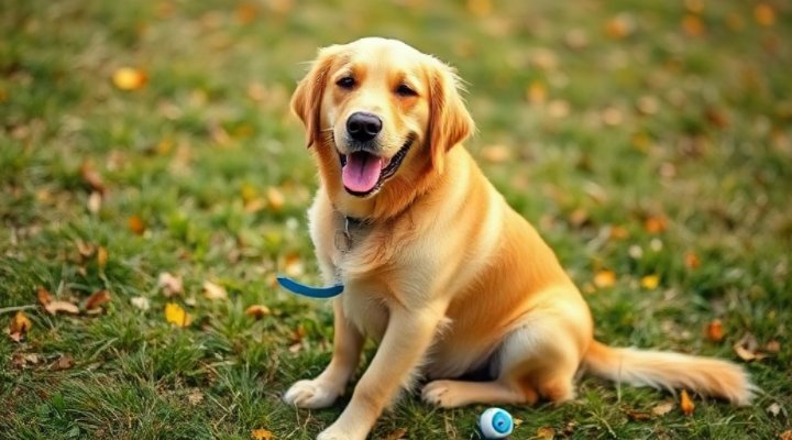 A golden retriever sitting and smiling during a training session