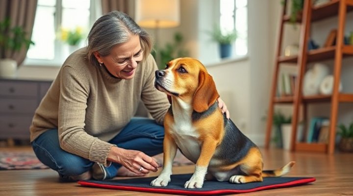 A kind owner patiently teaching an older dog to sit on a training pad