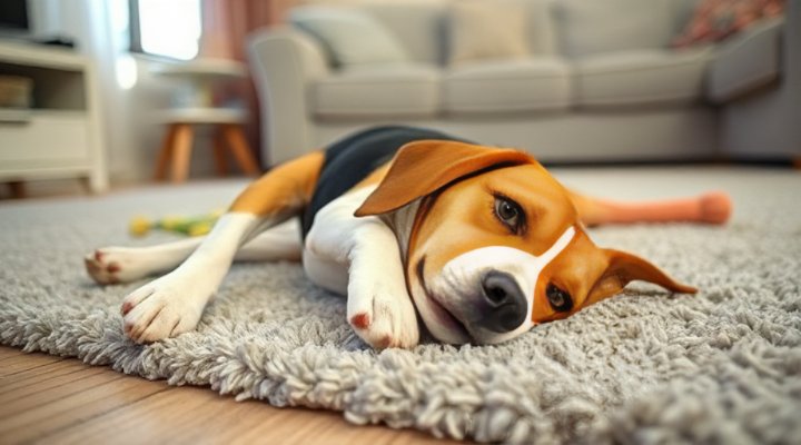 A small Beagle rolling over on a soft rug