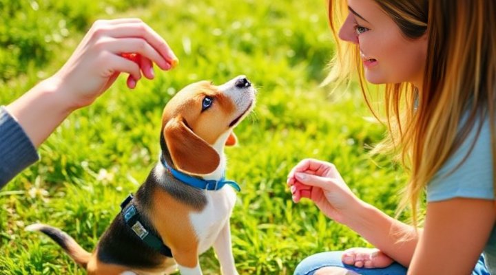 Owner rewarding dog with treats for not jumping