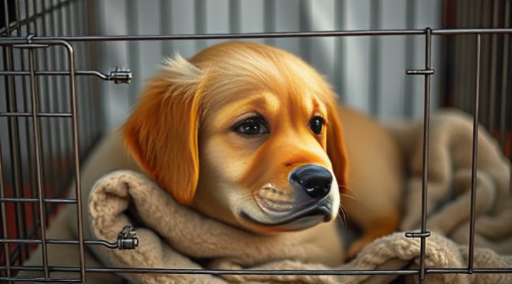 A cute golden retriever puppy whining in a crate
