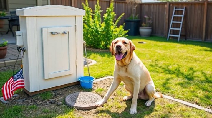 An older dog successfully using an outdoor potty area with a proud expression