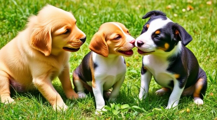 Group of puppies playing together and learning bite inhibition