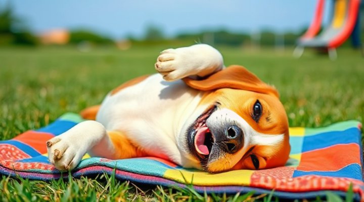 A playful beagle rolling over on a soft mat during training