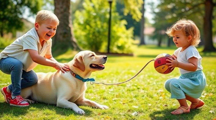 Well-trained Labrador retriever playing gently with two children in a park