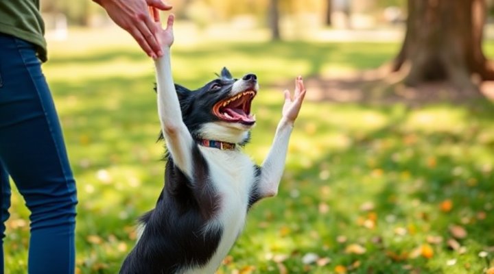 An excited border collie giving a high-five during training