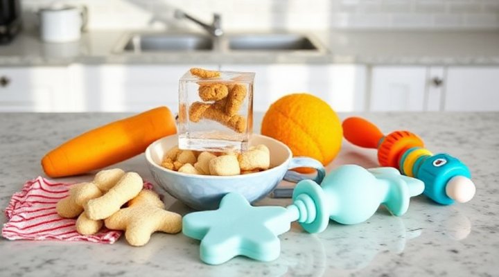 Various frozen treats and toys to soothe teething puppies