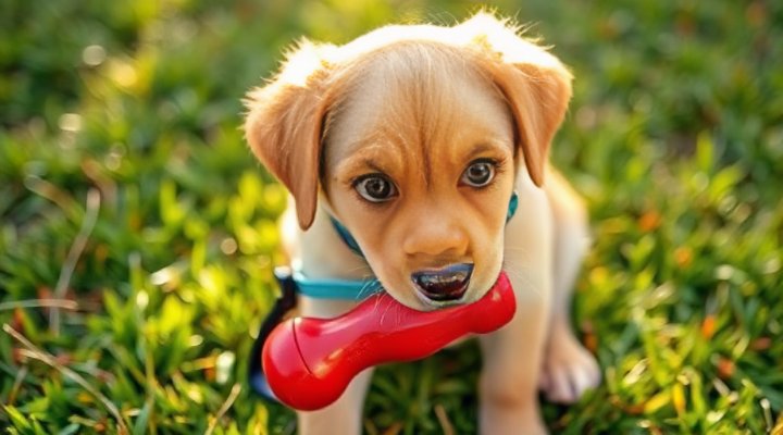 Adorable golden retriever puppy learning bite inhibition with a chew toy