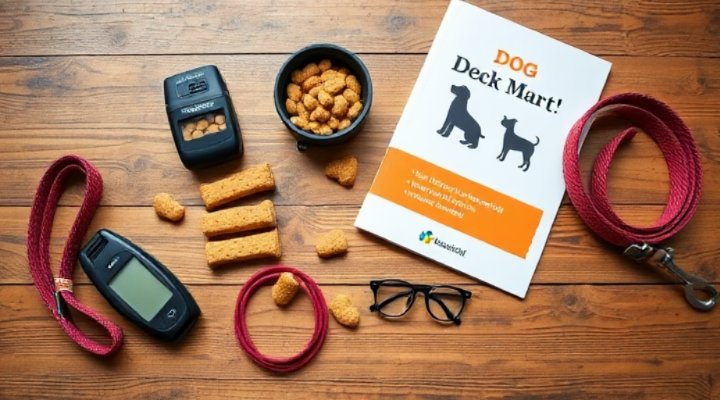 Various dog training tools like clickers and treats laid out on a table