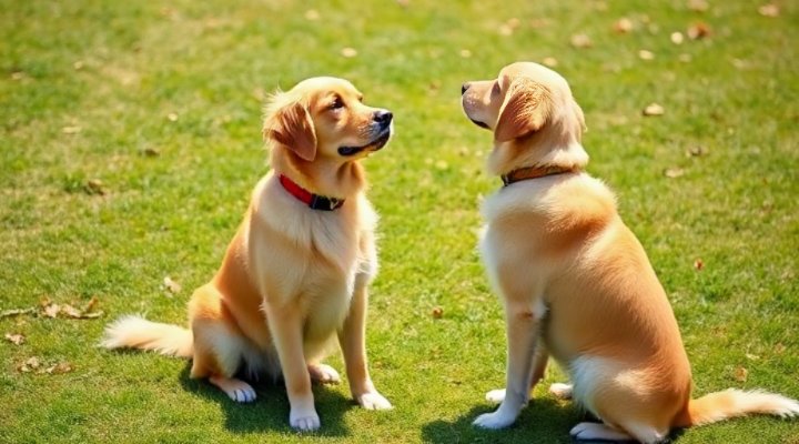 A happy golden retriever sitting and responding to basic commands