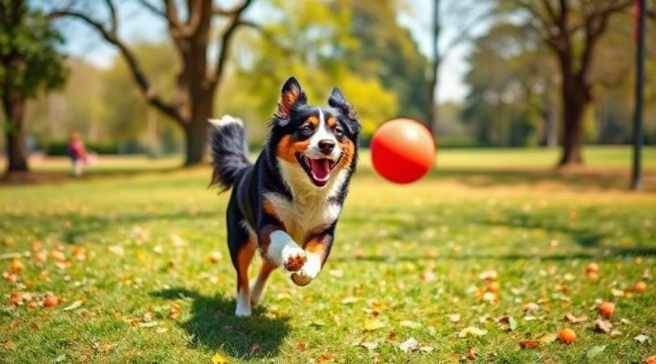 An energetic Australian shepherd fetching a ball in a park