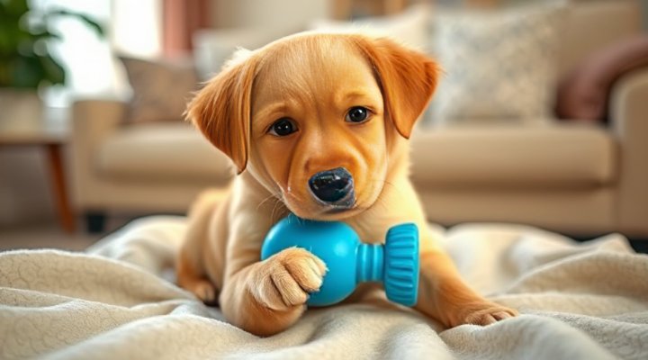 Golden retriever puppy happily chewing on a rubber teething toy