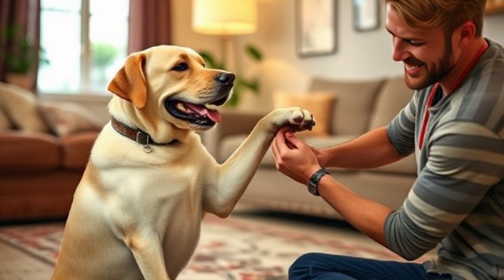 A happy Labrador shaking hands with its owner during a training session