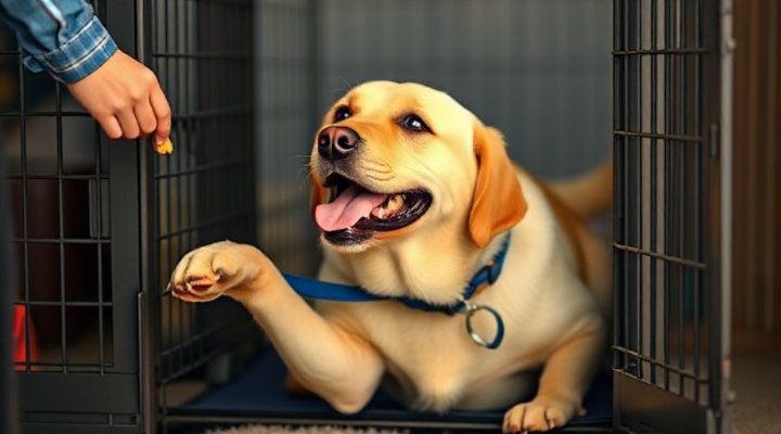 A happy Labrador entering a crate voluntarily for treats