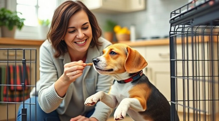 Owner rewarding dog for entering crate willingly