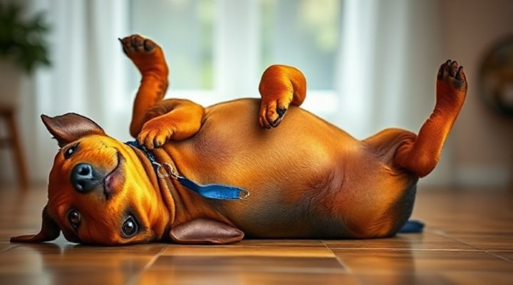A dramatic dachshund playing dead as part of a fun trick