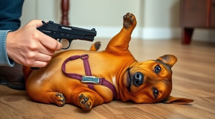 Funny dachshund playing dead with dramatic pose