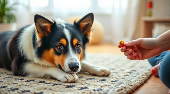 A calm border collie lying down on a rug during training