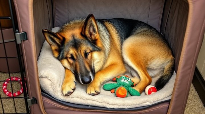 A senior dog sleeping peacefully in a cozy crate