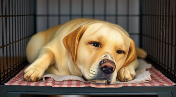 Relaxed adult dog resting quietly in crate