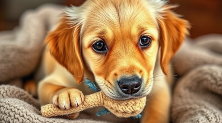 Puppy biting a chew toy to relieve teething pain