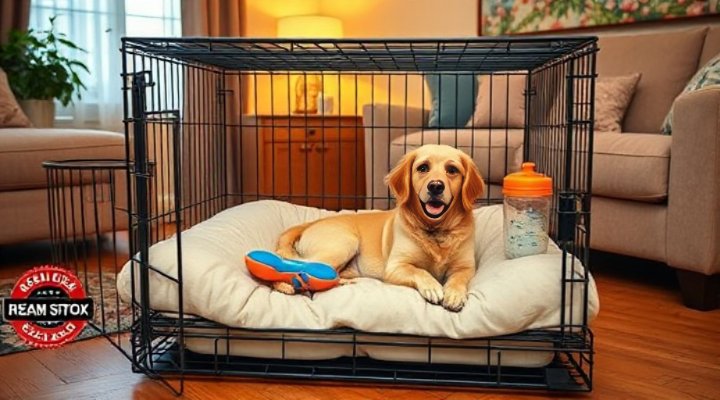 Properly set up dog crate with comfortable bedding and toys