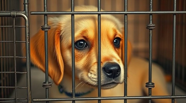 A cute golden retriever puppy whining in a crate with a sad expression