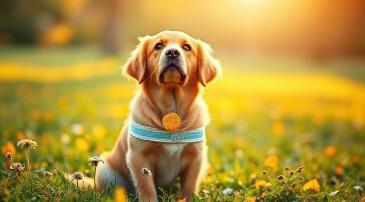 A cute golden retriever sitting and waiting for a treat during training