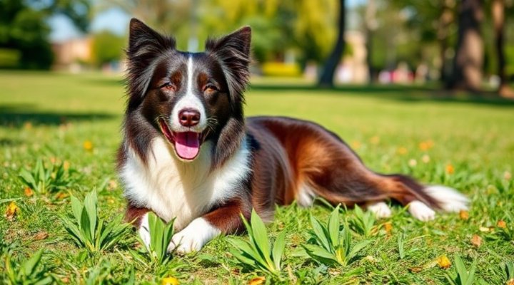 A fluffy Border Collie lying down on command in a park