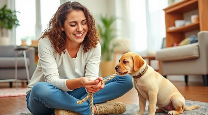 Woman redirecting her biting puppy to an appropriate chew toy