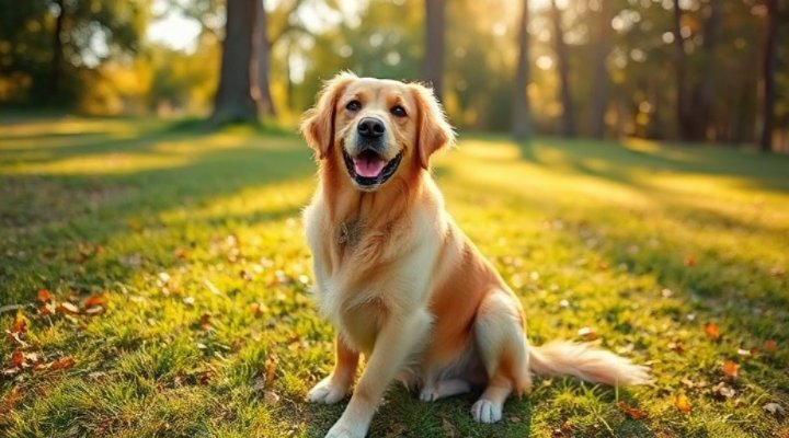 A cute golden retriever sitting obediently on a grassy field