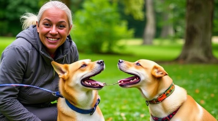 Professional dog trainer teaching a dog not to bite