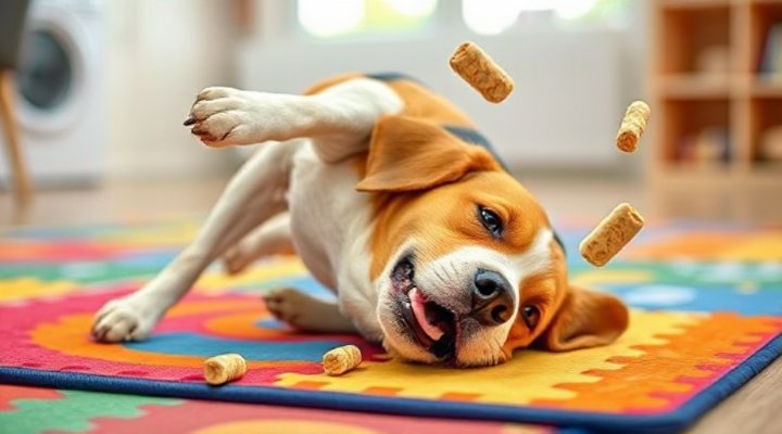 A beagle successfully performing the roll over trick on a training mat