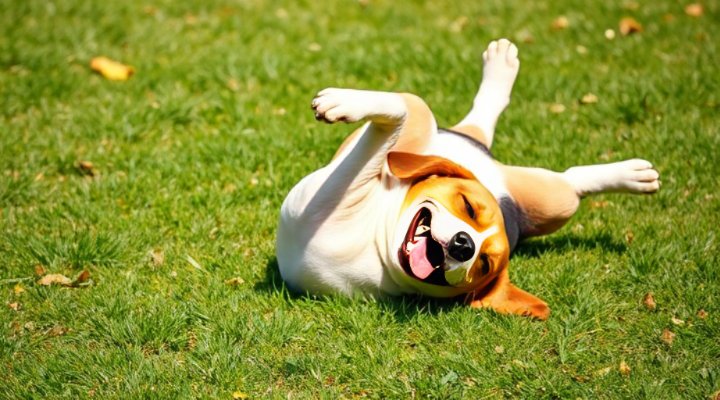 A playful beagle rolling over on command during training